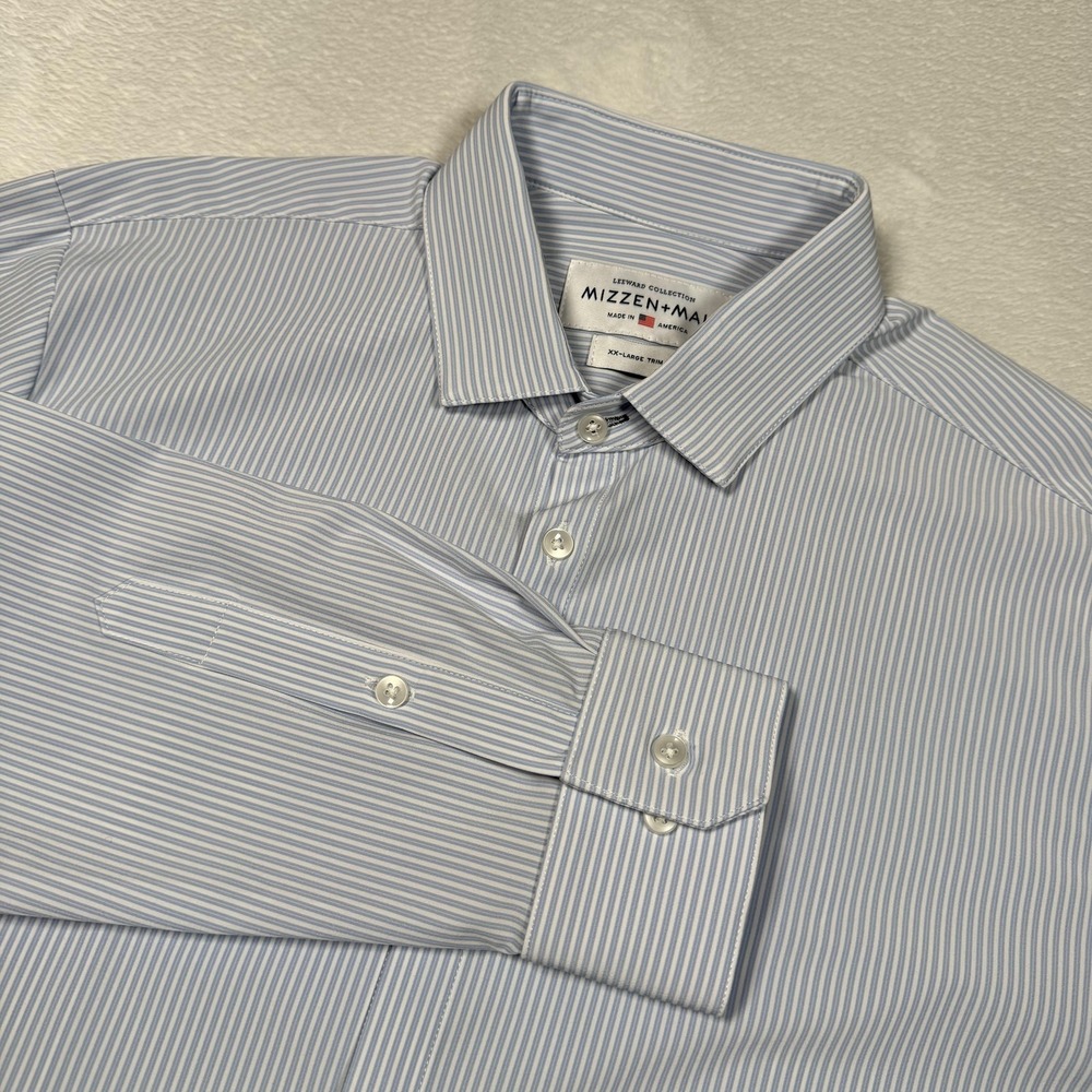 Mizzen+Main Leeward Shirt Mens‎ 2XL Trim Fit Blue White Stripe Button Up USA